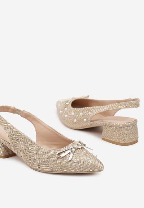 Beżowe Czółenka na Słupku Typu Slingback Ozdobione Kokardą i Perełkami Calretis 6