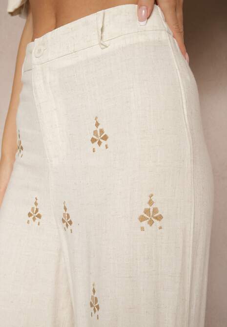 Biało-Beżowe Spodnie z Wiskozą i Lnem High Waist o Szerokim Kroju z Haftami Olerina 5