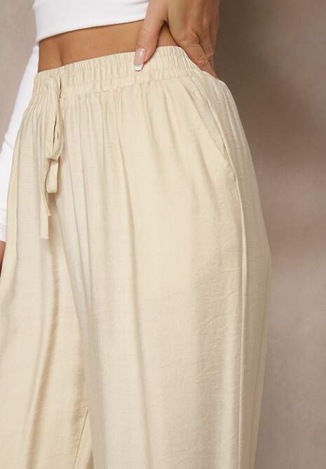 Beżowe Spodnie o Szerokim Kroju High Waist z Wiązaniem Fenalin 5