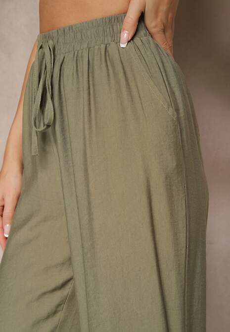 Zielone Spodnie o Szerokim Kroju High Waist z Wiązaniem Fenalin 5
