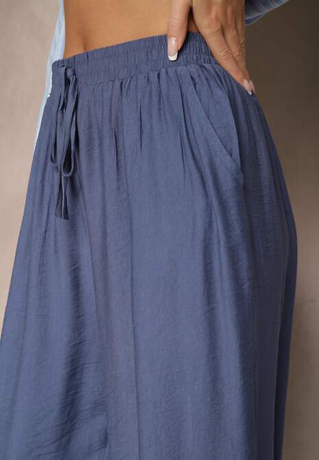 Granatowe Spodnie o Szerokim Kroju High Waist z Wiązaniem Fenalin 5