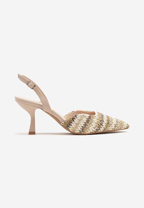 Ciemnobeżowe Sandały na Szpilce Typu Slingback z Plecioną Cholewką Tatelana 4