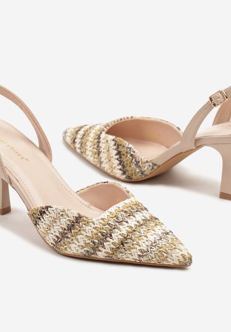 Ciemnobeżowe Sandały na Szpilce Typu Slingback z Plecioną Cholewką Tatelana 6