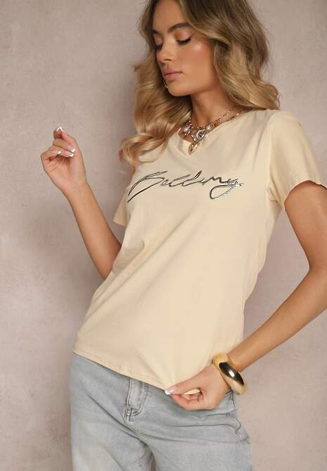 Beżowy T-shirt z Bawełny z Napisem Zelreti 4