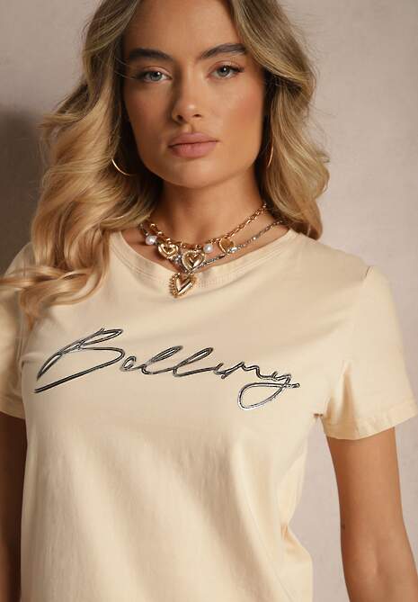 Beżowy T-shirt z Bawełny z Napisem Zelreti 5