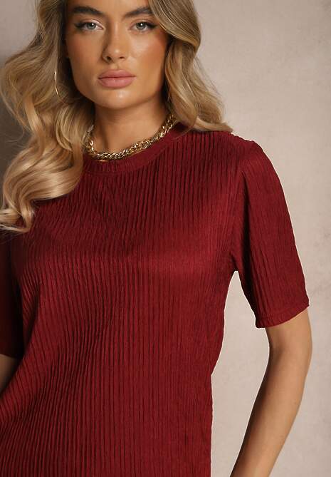 Bordowy Casualowy Komplet ze Spodniami o Szerokim Kroju i T-shirtem Muriia 5