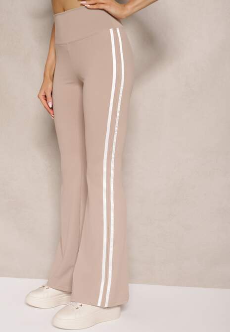 Beżowe Legginsy Flare High Waist z Marszczeniem i Lampasami Kirsena 4
