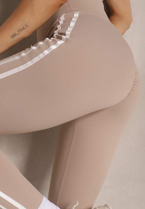 Beżowe Legginsy High Waist z Push-Upem z Elastycznego Materiału z Lampasami Ateria 5