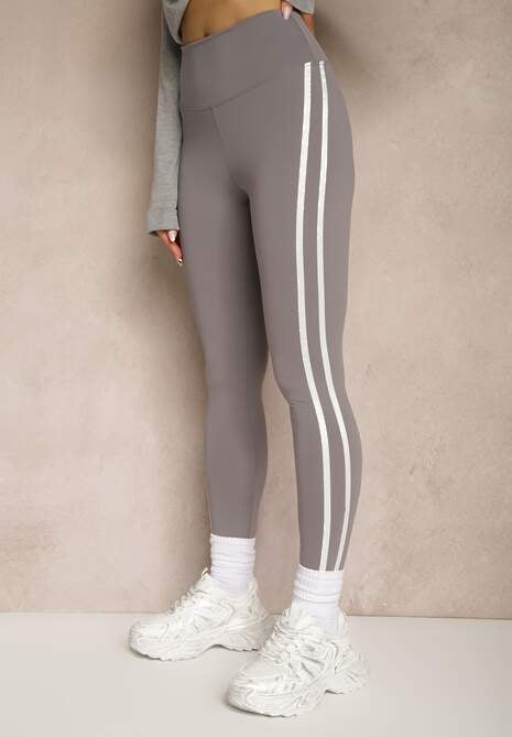 Szare Legginsy High Waist z Push-Upem z Elastycznego Materiału z Lampasami Ateria 5