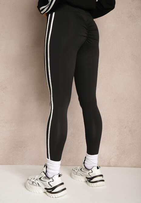 Czarne Legginsy High Waist z Push-Upem z Elastycznego Materiału z Lampasami Ateria 4