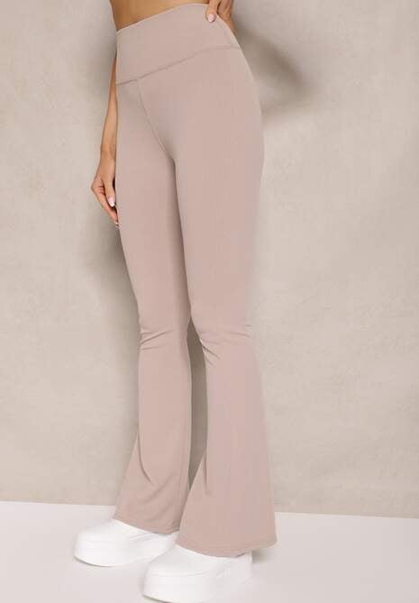 Beżowe Prążkowane Spodnie Typu Dzwony High Waist Farinia 4