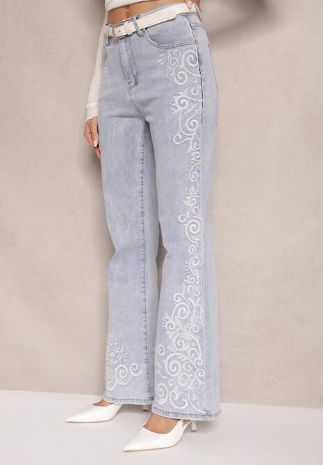Niebieskie Jeansy High Waist o Fasonie Dzwonów z Bawełną i Dekoracyjnymi Haftami Senaviel 4