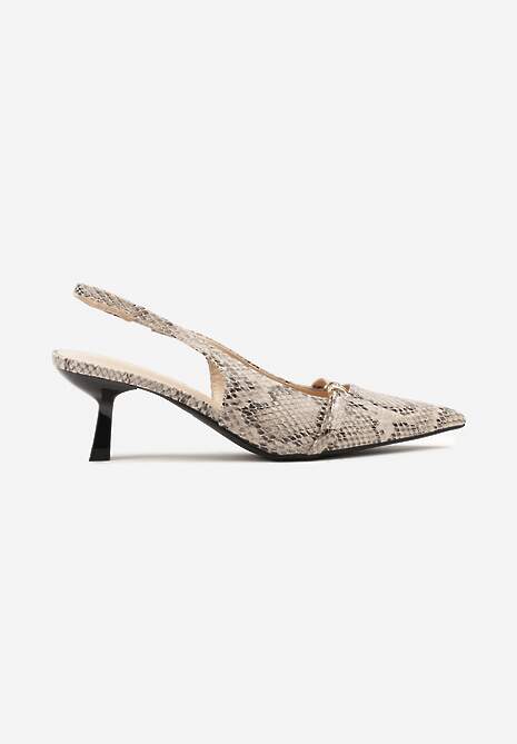 Beżowe Wężowe Lakierowane Sandały Slingback na Obcasie Kaczuszka Aovia 4