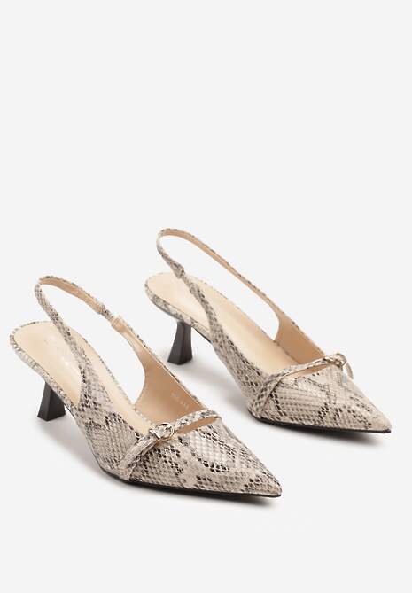 Beżowe Wężowe Lakierowane Sandały Slingback na Obcasie Kaczuszka Aovia 5