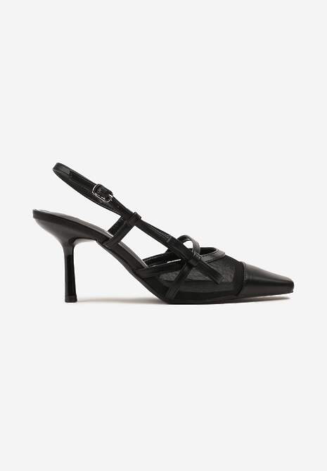 Czarne Czółenka na Szpilce Typu Slingback z Siateczkową Cholewką Asdexia 4