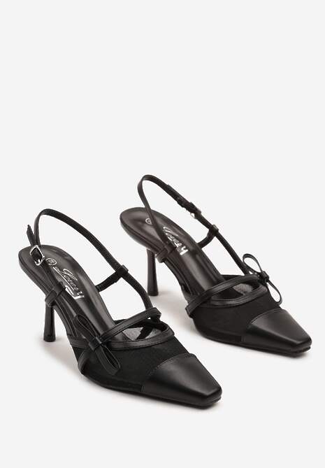 Czarne Czółenka na Szpilce Typu Slingback z Siateczkową Cholewką Asdexia 5