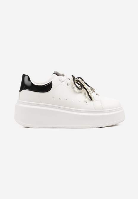 Biało-Czarne Sneakersy na Platformie z Perełkami Przy Sznurowadłach Ulianori 4