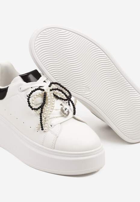 Biało-Czarne Sneakersy na Platformie z Perełkami Przy Sznurowadłach Ulianori 6