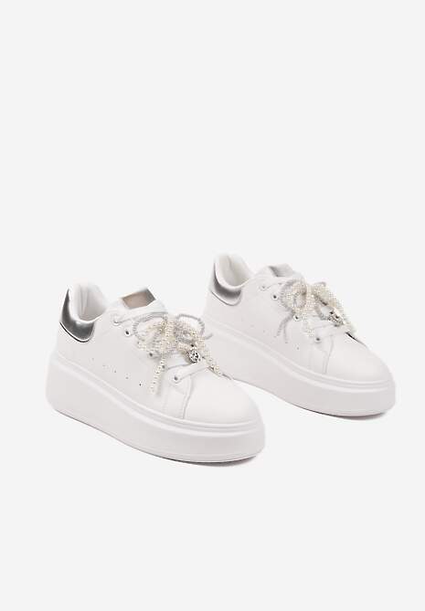 Biało-Srebrne Sneakersy na Platformie z Perełkami Przy Sznurowadłach Ulianori 5