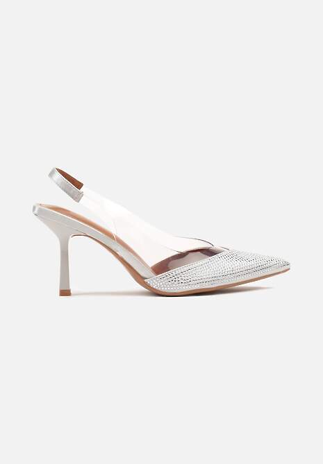 Srebrne Sandały Slingback na Obcasie z Przezroczystą Wstawką i Cyrkoniami Senoreth 4