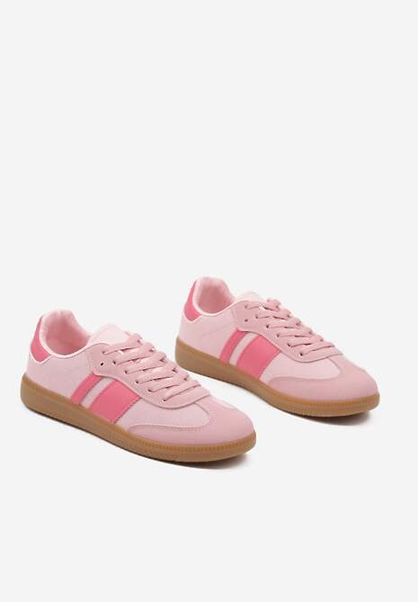 Różowe Sneakersy na Kauczukowej Podeszwie Ozdobione Paskami Emidi 5