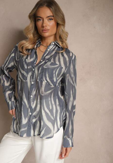 Niebieska Transparentna Koszula z Wiskozy o Klasycznym Kroju w Print Zebra Covianne 4