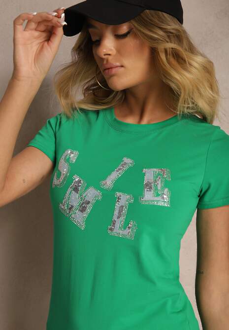 Ciemnozielony T-shirt z Bawełny z Napisem Smile Ozdobiony Cyrkoniami Olirella 5