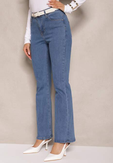 Niebieskie Jeansy z Bawełną High Waist o Fasonie Dzwonów Celinsse 4