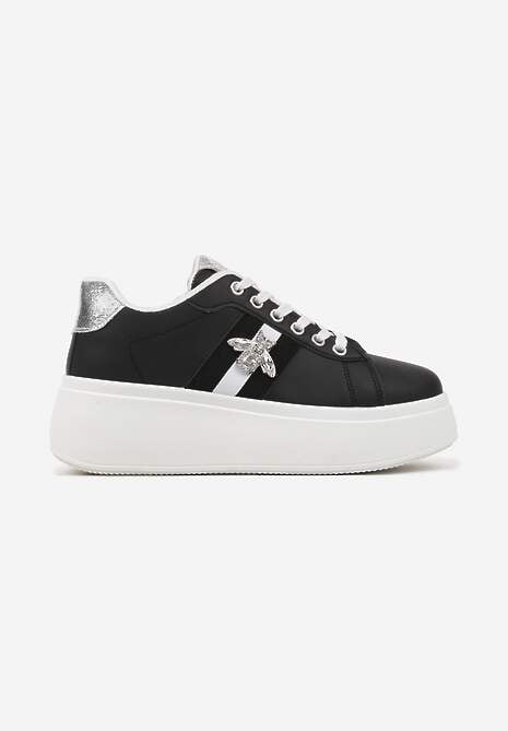 Czarne Sneakersy z Ozdobną Aplikacją Owada z Przeszyciami na Platformie Ommea 4