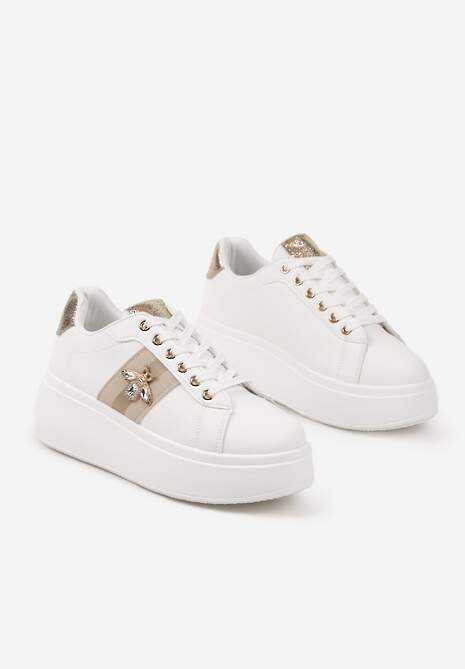 Biało-Złote Sneakersy z Ozdobną Aplikacją Owada z Przeszyciami na Platformie Ommea 5