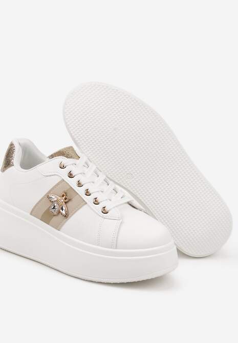 Biało-Złote Sneakersy z Ozdobną Aplikacją Owada z Przeszyciami na Platformie Ommea 6