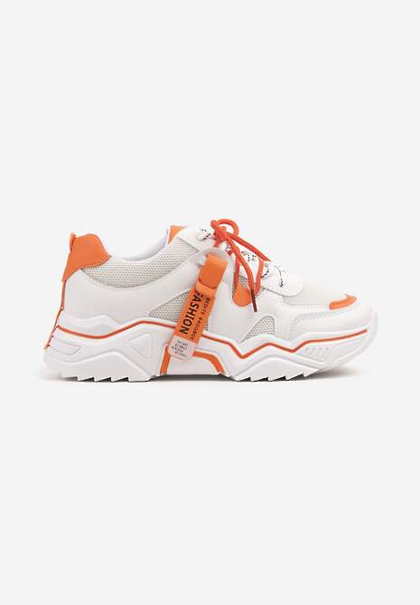 Biało-Pomarańczowe Sneakersy z Siateczkowymi Wstawkami i Paskami na Boku Taneril 4