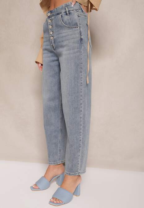 Niebieskie Jeansy High Waist z Bawełną o Kroju Mom Fit Efalina 4