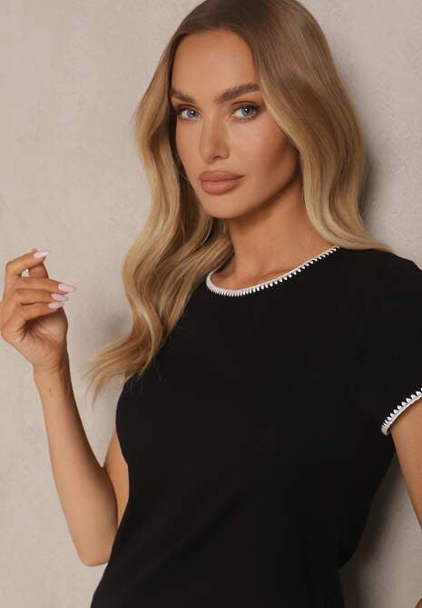 Czarny T-shirt z Bawełny z Ozdobną Lamówką Elanicea 5