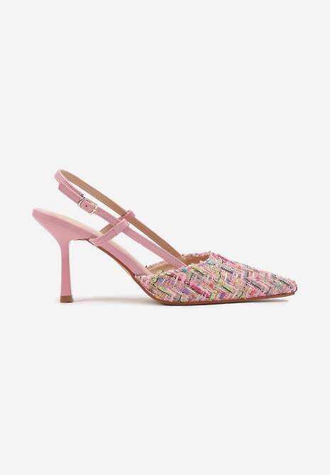 Różowe Tweedowe Szpilki Typu Slingback z Noskiem w Szpic Binea 4