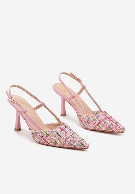 Różowe Tweedowe Szpilki Typu Slingback z Noskiem w Szpic Binea 5