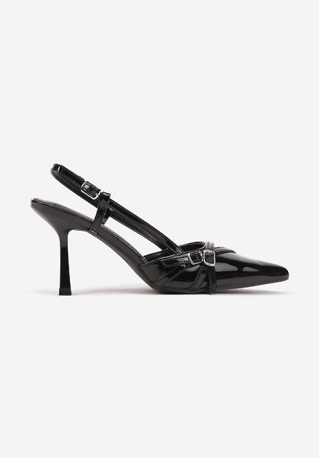 Czarne Sandały Lakierowane na Szpilce Slingback Ozdobione Klamrami Zohna 4