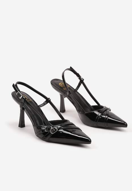 Czarne Sandały Lakierowane na Szpilce Slingback Ozdobione Klamrami Zohna 5