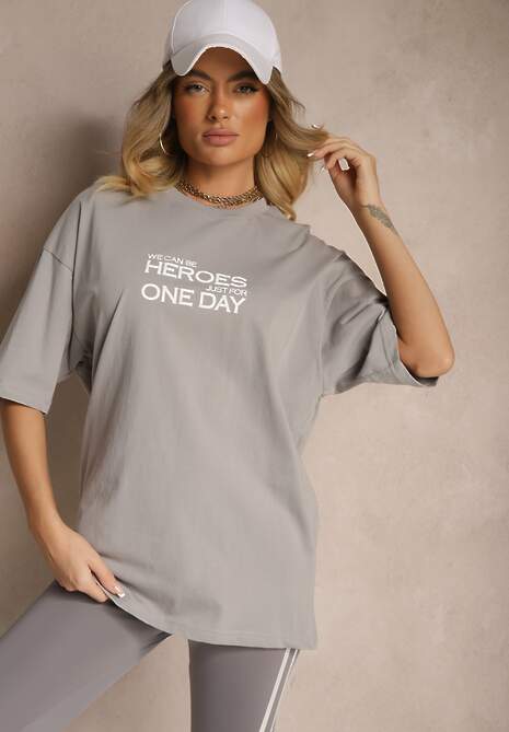 Szara Bawełniana Koszulka  T-shirt z Nadrukiem na Tyle i Napisami Danilaria 5
