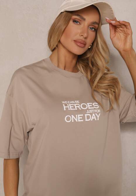 Beżowa Bawełniana  Koszulka T-shirt z Nadrukiem na Tyle i Napisami Danilaria 5