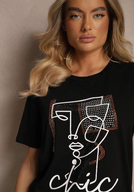Czarny T-shirt z Bawełny Ozdobiony Cyrkoniami i Nadrukiem Canilea 5