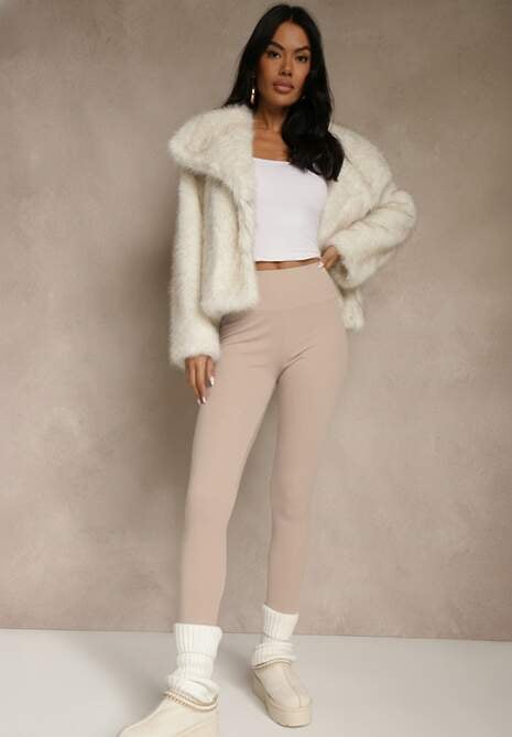 Beżowe Legginsy z Prążkowanej Tkaniny z Szeroką Gumką w Pasie Lanoriae