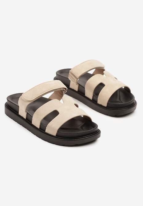 Beżowe Klapki z Imitacji Zamszu Zapinane na Rzep Borria 5