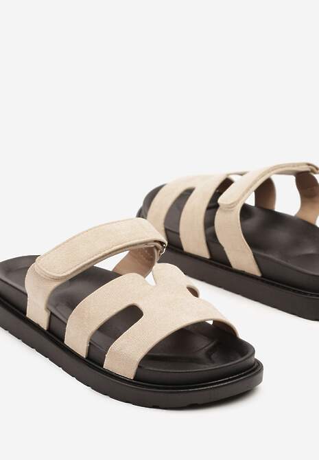 Beżowe Klapki z Imitacji Zamszu Zapinane na Rzep Borria 6