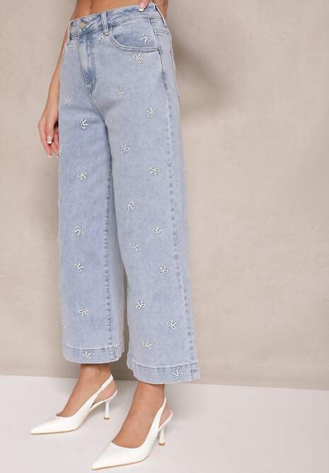 Niebieskie Jeansy z Bawełną i Wiskozą High Waist Ozdobione Haftem Sleffia 4