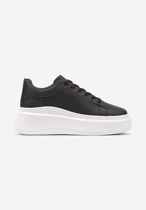 Czarne Sznurowane Sneakersy na Niskiej Platformie z Imitacji Skóry Ajanfa 4
