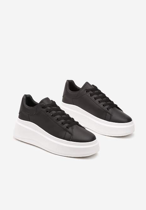 Czarne Sznurowane Sneakersy na Niskiej Platformie z Imitacji Skóry Ajanfa 5