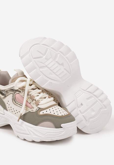 Beżowo-Zielone Sneakersy Streetwearowe na Grubej Podeszwie Waniffia 6