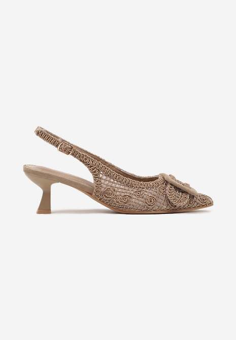 Ciemnobeżowe Sandały na Kaczuszce Typu Slingback Ozdobione Plecionką i Klamrą Elivrella 4