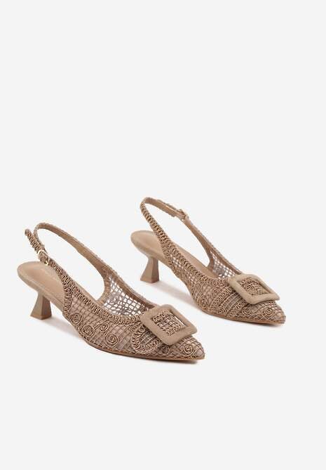 Ciemnobeżowe Sandały na Kaczuszce Typu Slingback Ozdobione Plecionką i Klamrą Elivrella 5
